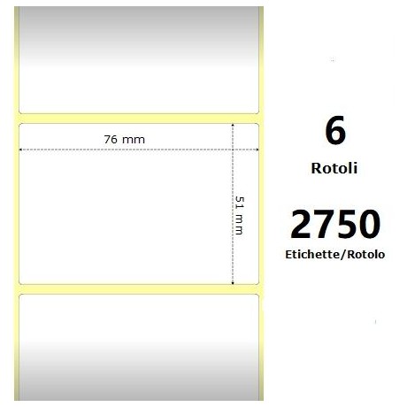 White 76x51mm, 2750 Et/Rotolo Z-2000D 3x2x3 Core, 6 Rolls