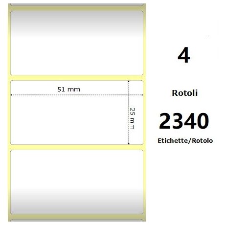 White 51x25mm,2340 Et/Rotolo Z-4000D, 2x1x1 Core, 4 Rolls