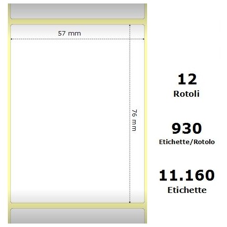 White 57x76mm,930 Et/Rotolo Z-2000D, 2.2x3x1 Core, 12 Rolls