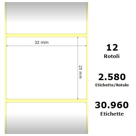 White 32x25mm, 2580 Et/Rotolo Z-2000D 1.3x1x1 Core, 12 Rolls