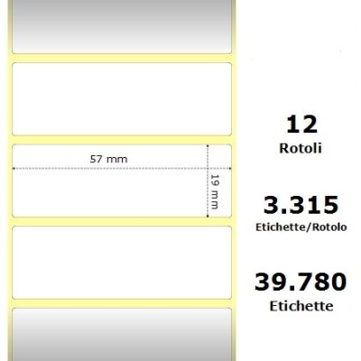 White 57x19mm,3315 Et/Rotolo Z-2000D,2.2x0.7x1Core, 12 Rolls