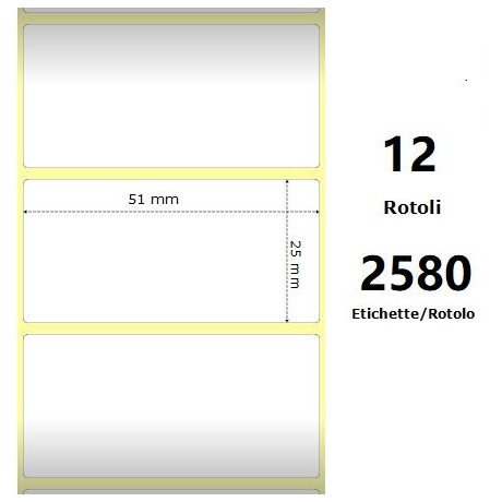 White 51x25mm, 2580 Et/Rotolo Z-2000D, 2x1x1 Core, 12 Rolls