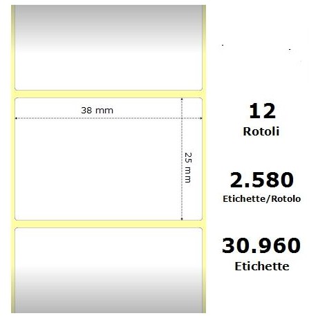 White 38x25mm, 2580 Et/Rotolo Z-1000D,1.5x1x1 Core ,12 Rolls